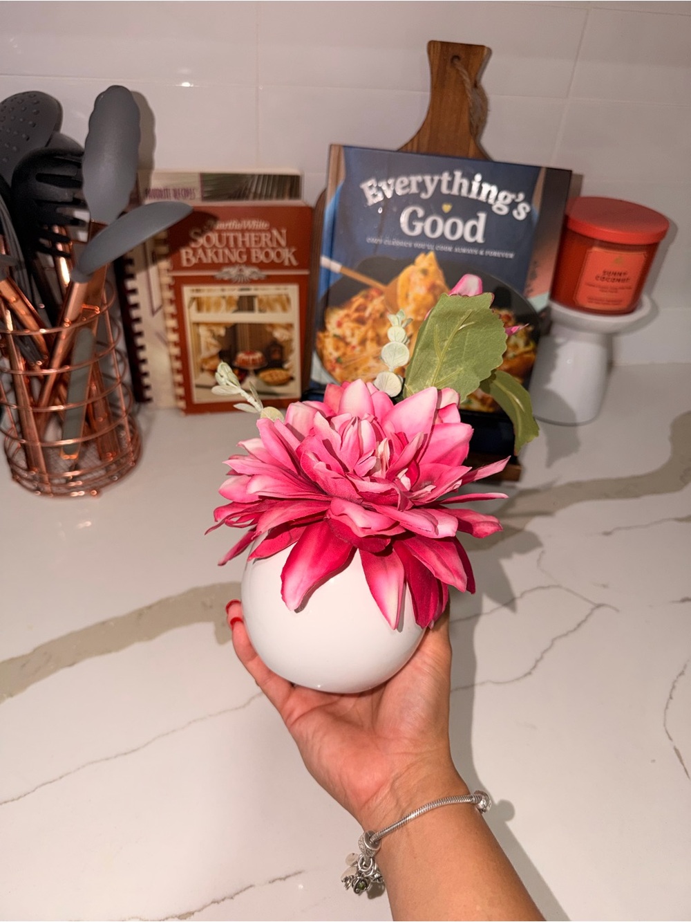 Pink Faux Dahlia Arrangement in White Ceramic Vase - Unbranded
